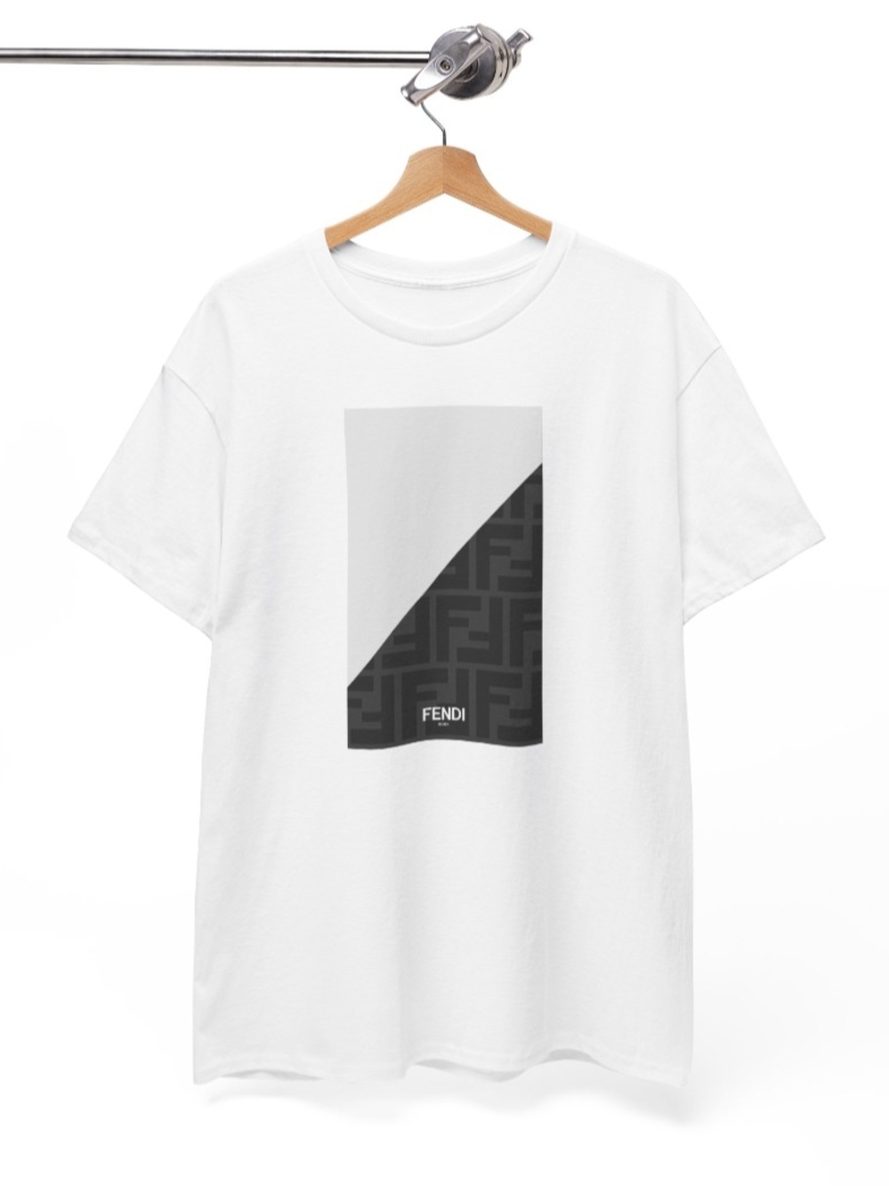 Fendi White Short Sleeve Tee with Black Graphic Panel